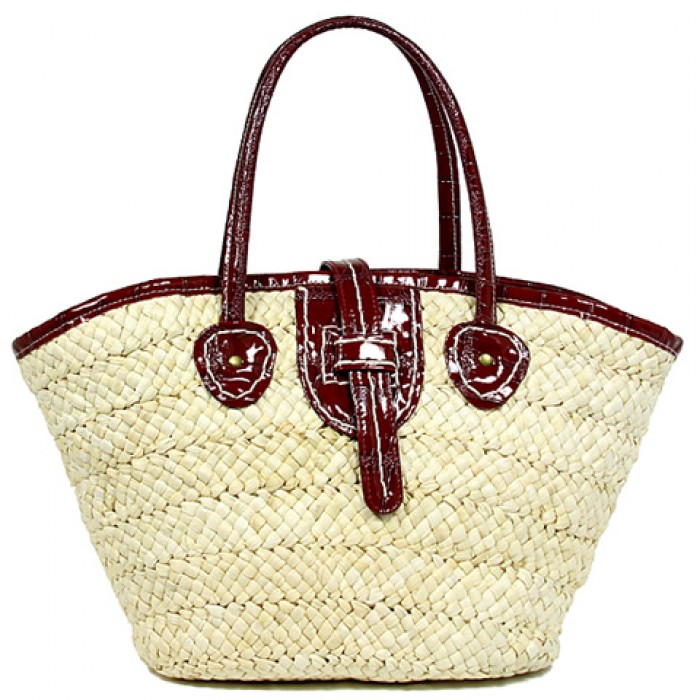 Straw Tote: Corn Husk Straw w/ PU Leather Handles & Flap - Red - BG-R11047RD